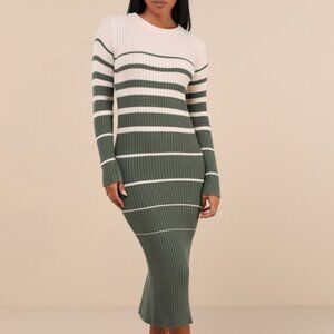 Lulus Seasonal Status Green And Cream Striped Midi Sweater Dress - Size S